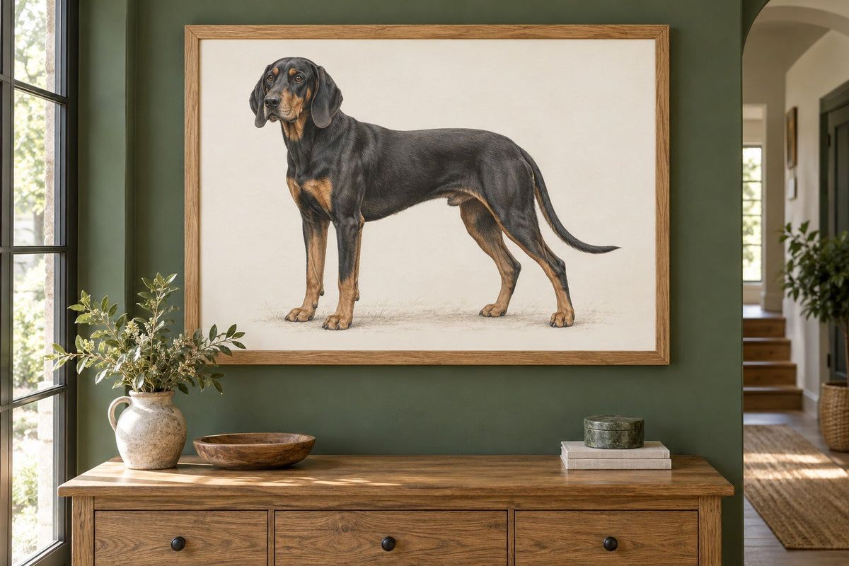 Polnischer Jagdhund (Gończy Polski) als Wandbild im Stil Minimal, feine Farbzeichnung, Raum: grüner Flur