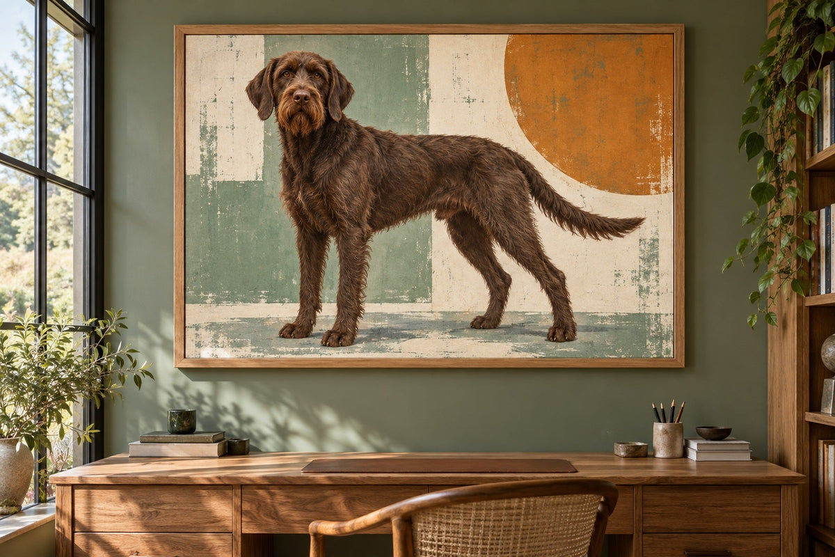Pudelpointer als Wandbild im Stil Pop-Art, Raum: salbeifarbenes Arbeitszimmer
