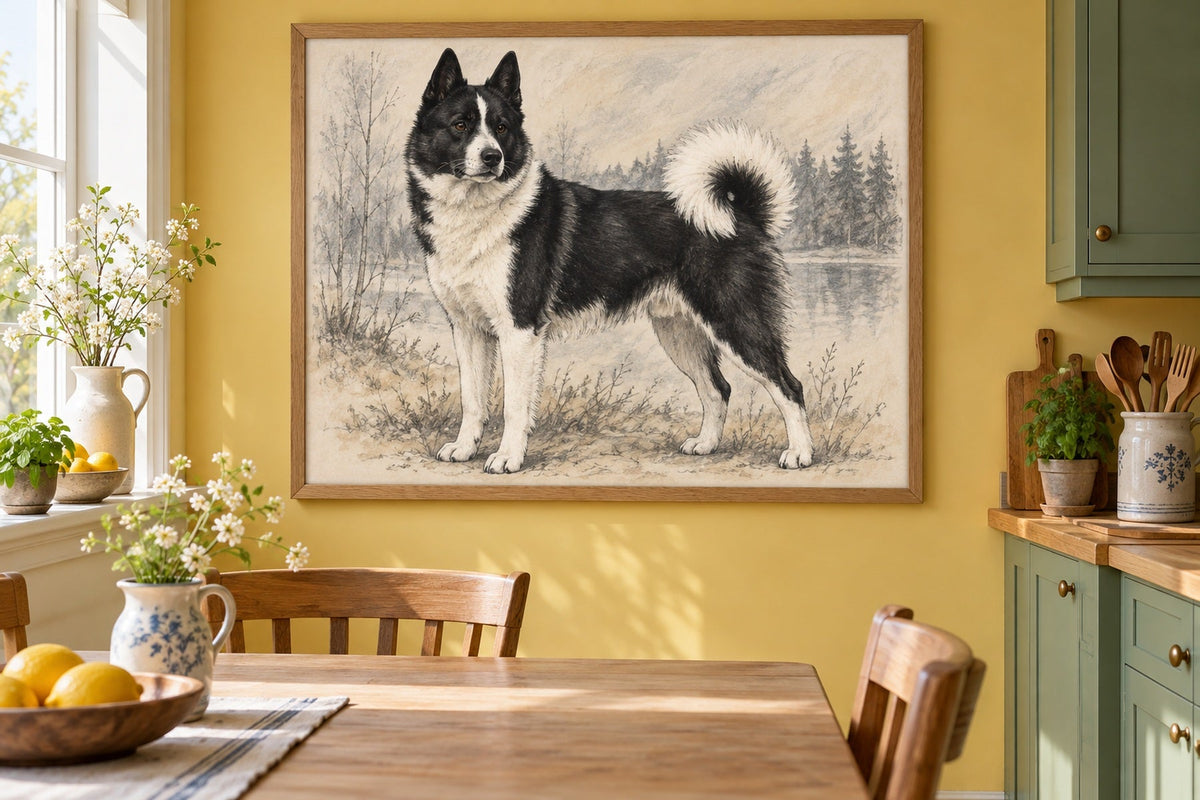 Russisch-Europäischer Laika als Wandbild im Stil Kohle-Sketch, Raum: gelbe Wohnküche