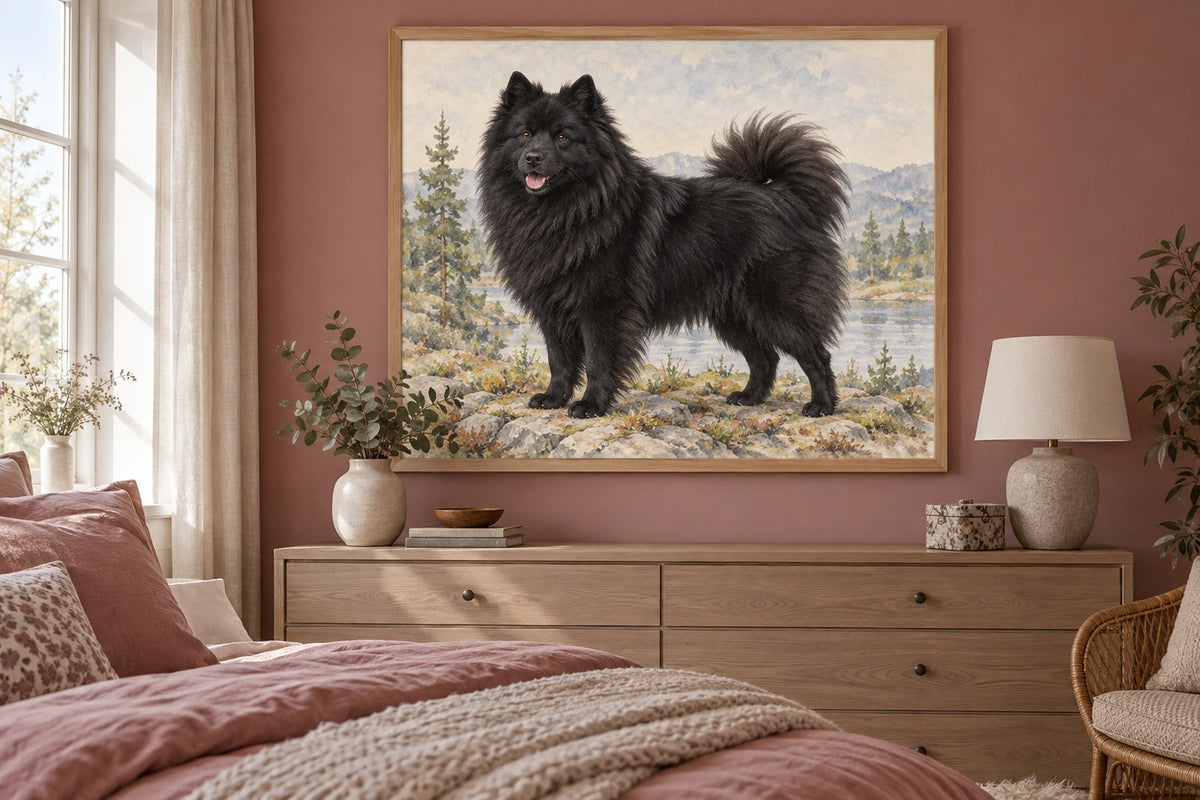 Schwedischer Lapphund als Wandbild im Stil Aquarell, Raum: altrosafarbenes Schlafzimmer