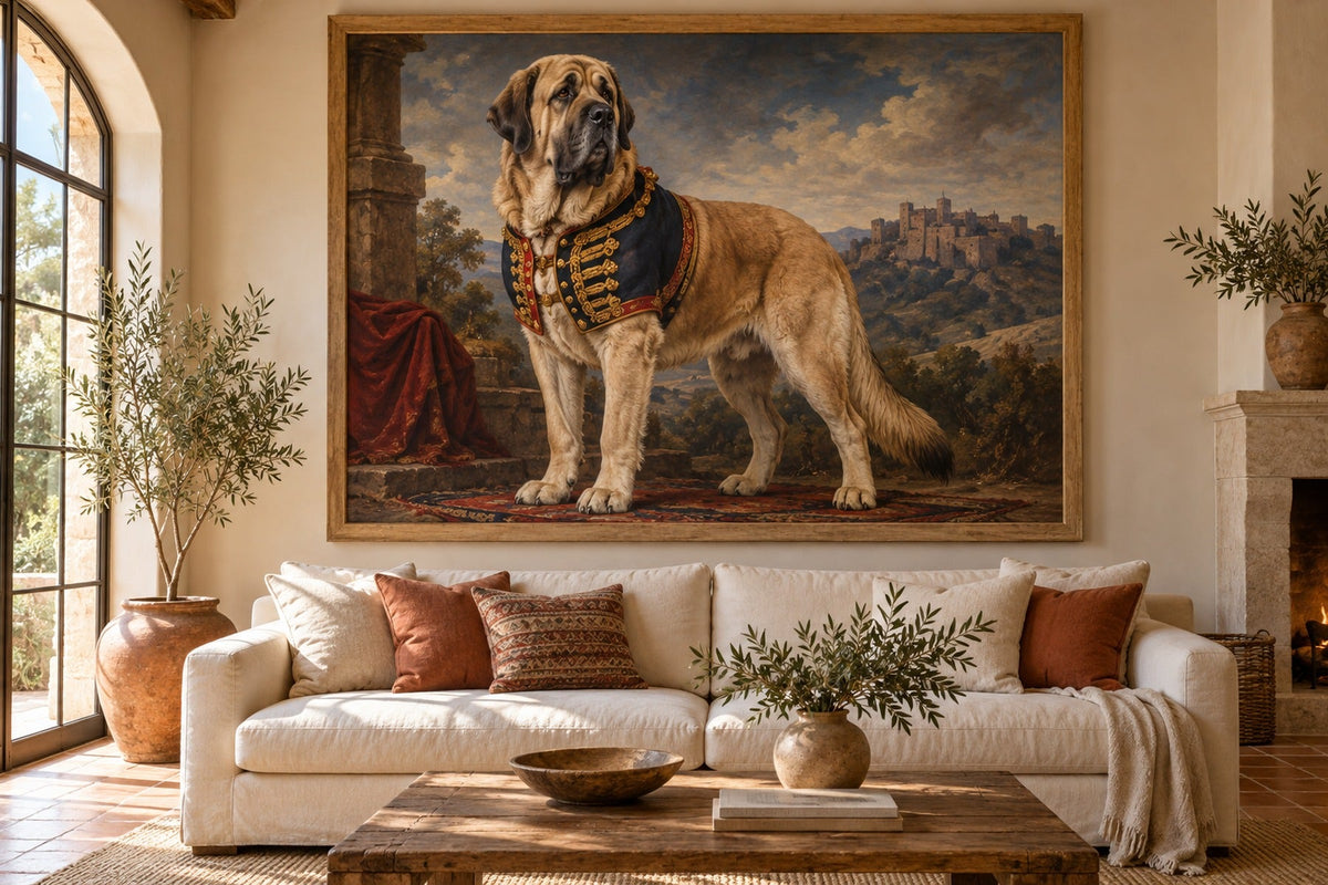 Spanischer Mastiff als Wandbild im Stil Royal mit kurzer Uniform, Raum: terrakottafarbenes Wohnzimmer