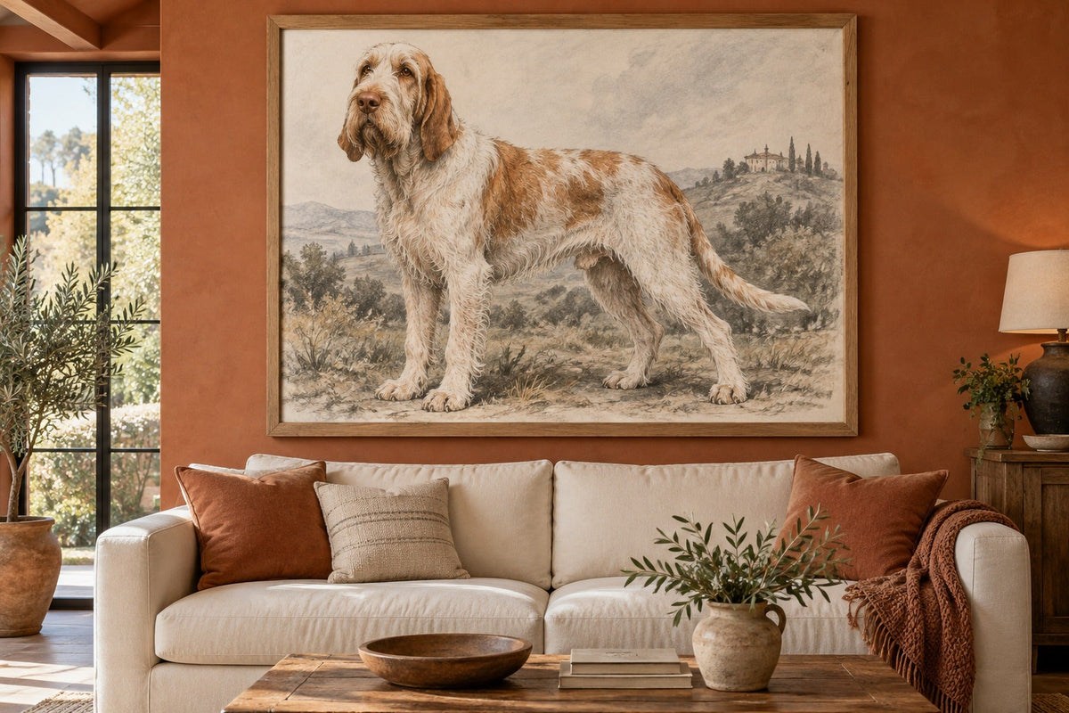 Spinone Italiano als Wandbild im Stil Kohle-Sketch, Raum: terrakottafarbenes Wohnzimmer