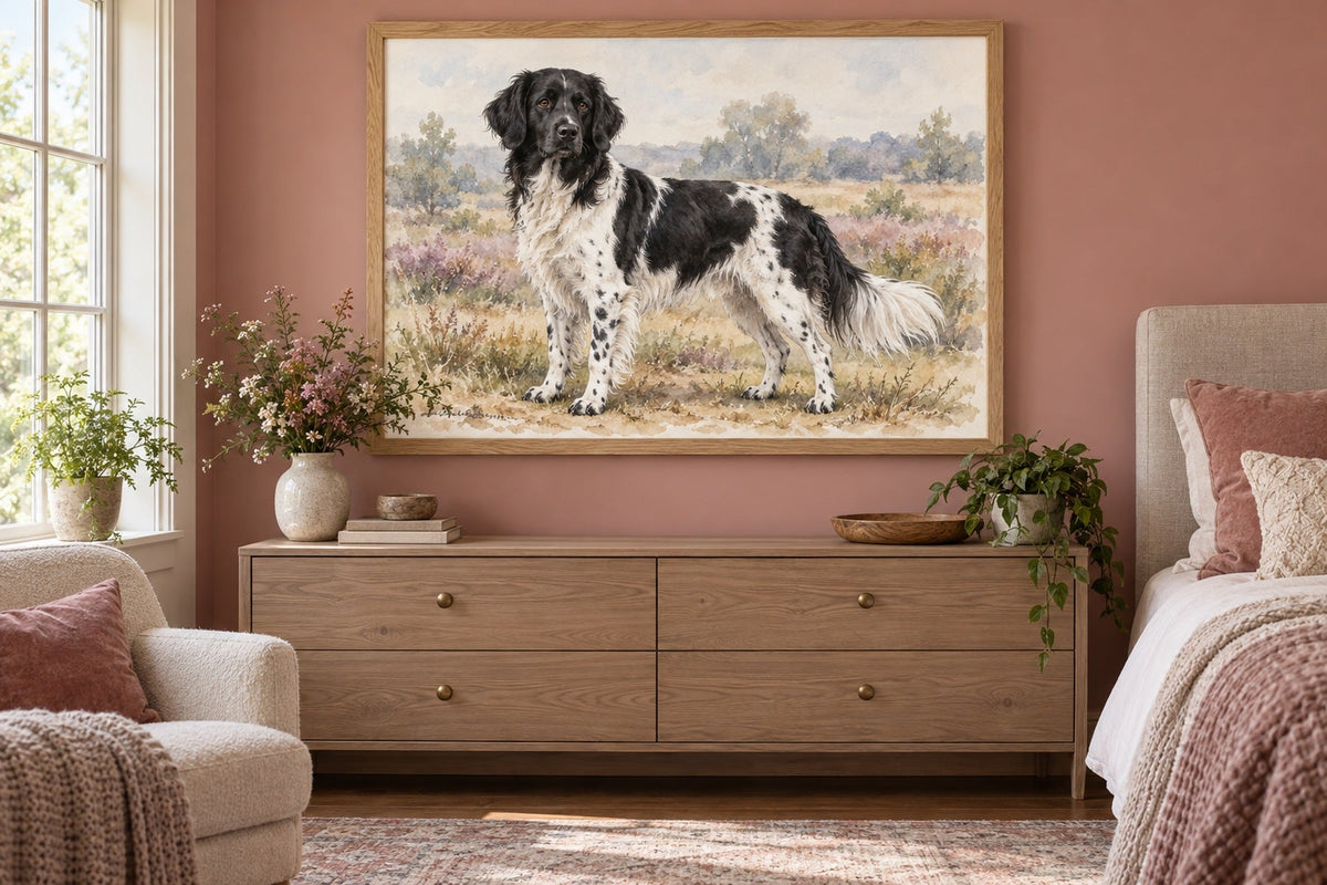 Stabijhoun (Friesischer Vorstehhund) als Wandbild im Stil Aquarell, Raum: altrosafarbenes Schlafzimmer