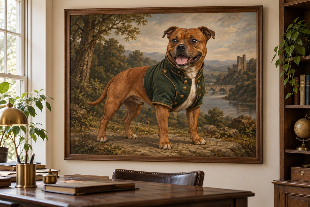 Staffordshire Bullterrier als Wandbild im Stil Royal mit Uniform, Raum: warmes Arbeitszimmer