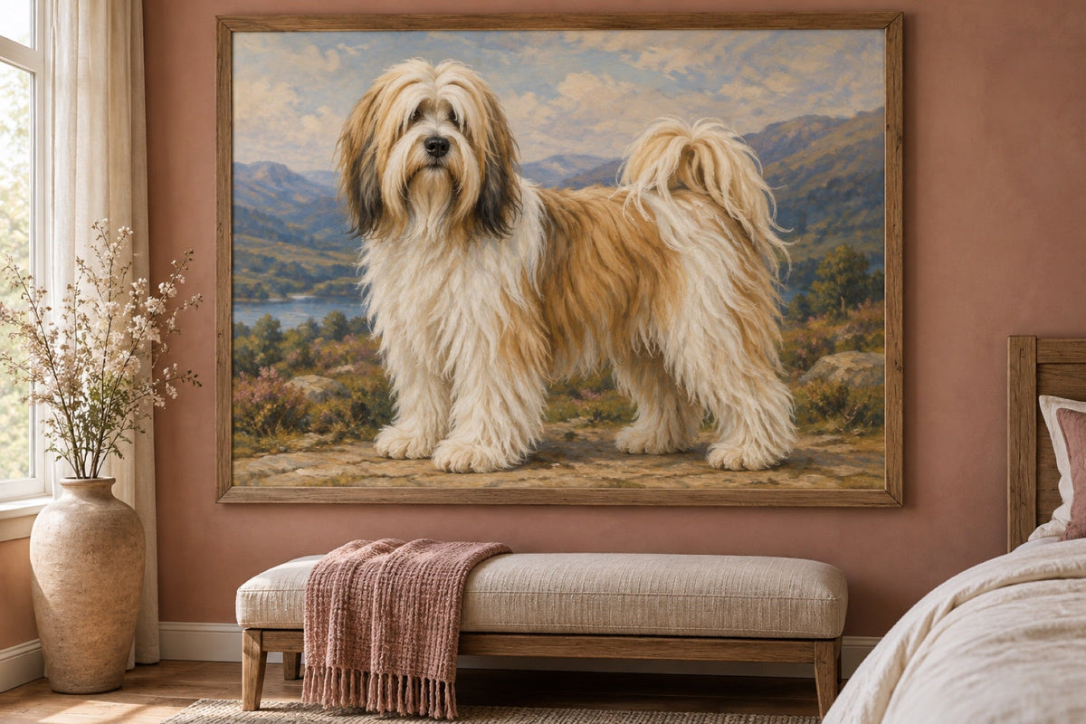 Tibet-Terrier als Wandbild im Stil Ölgemälde, Raum: Schlafzimmer mit rosafarbener Wand