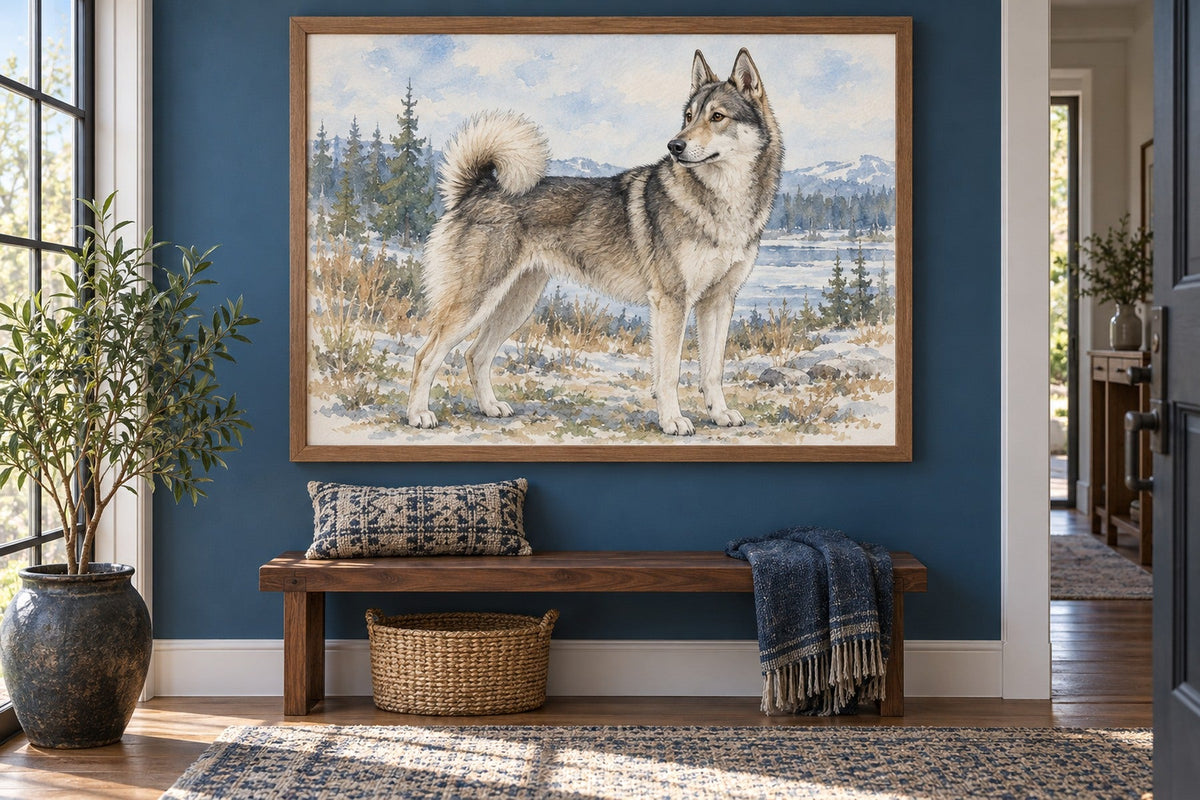 Westsibirischer Laika als Wandbild im Stil Aquarell, Raum: blauer Flur
