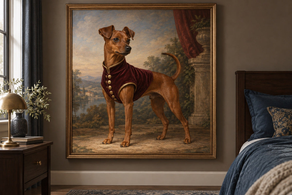 Zwergpinscher als Wandbild im Stil Royal mit Uniform, Raum: dunkles Schlafzimmer