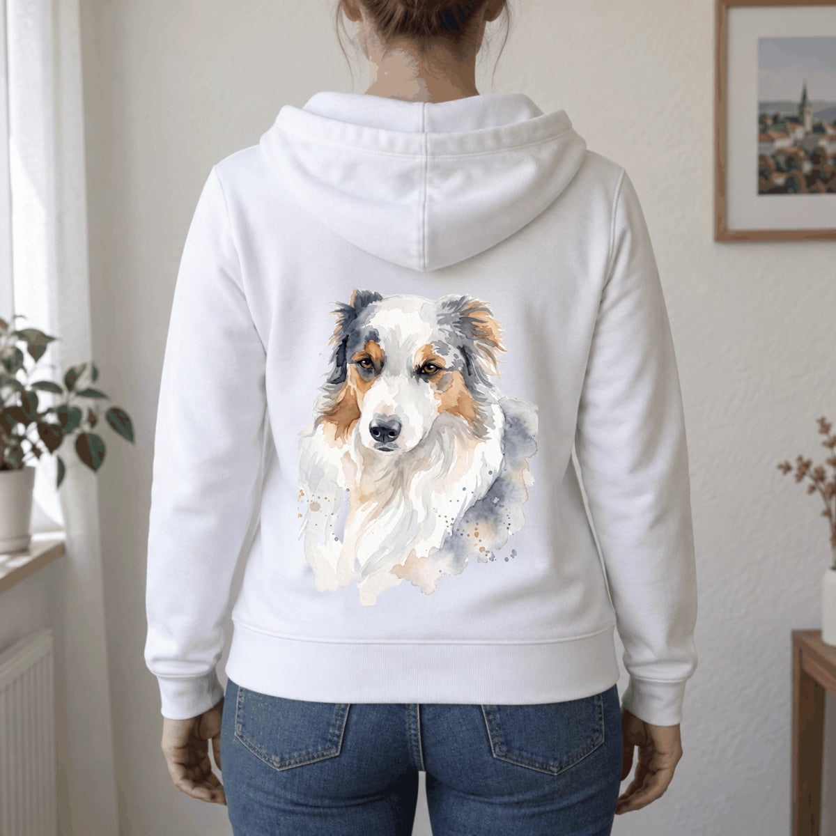 Personalisierte Sweatjacke mit deinem Tier, Beispiel mit Berner Sennenhund im Pop-Art-Stil, Druck auf dem Rücken
