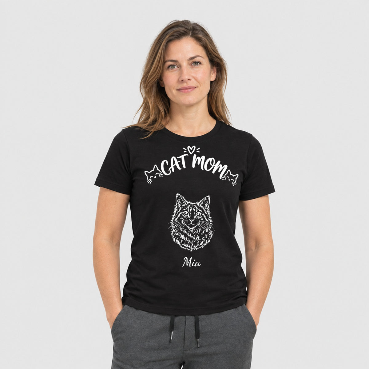 Cat Mom mit Foto deiner Katze, T-Shirt dunkel