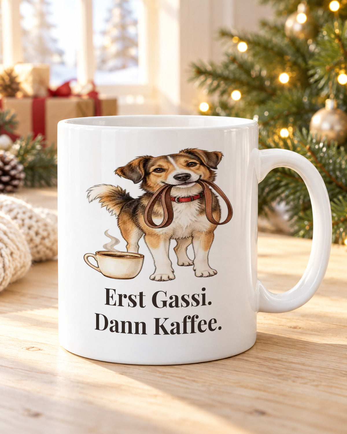 Hundetasse „Erst Gassi. Dann Kaffee.“ am Weihnachtsmorgen