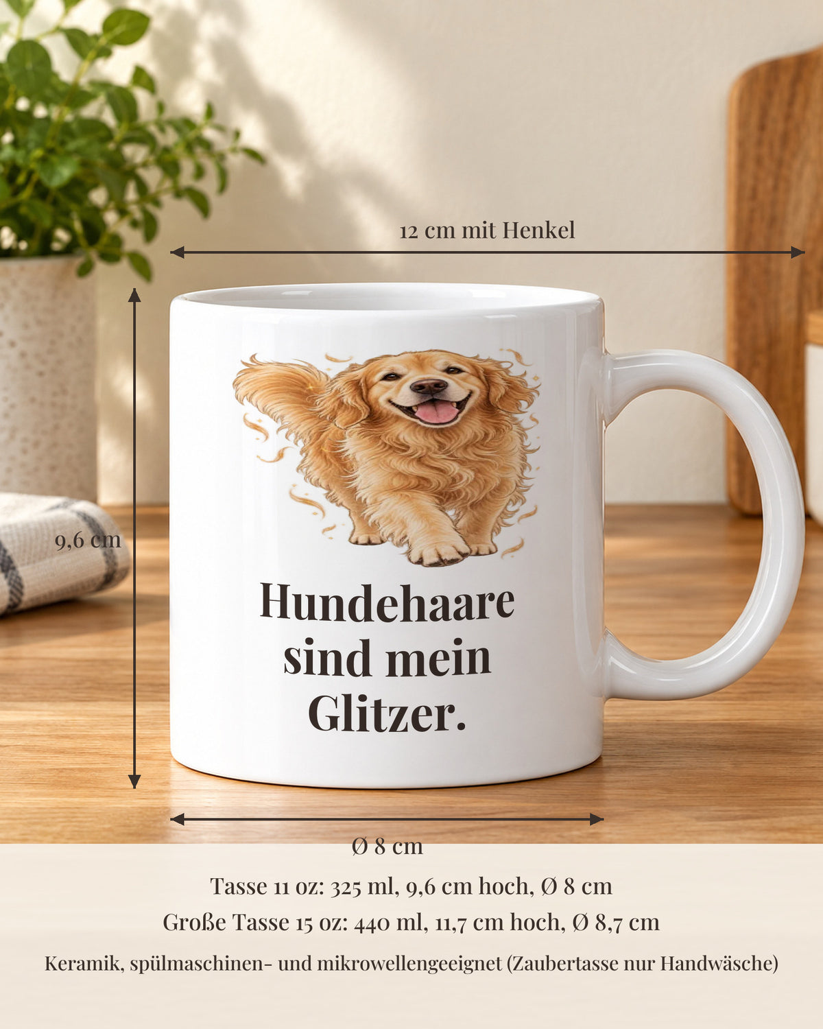 Hundetasse 11 oz mit Maßen: 9,6 cm hoch, 8 cm Durchmesser