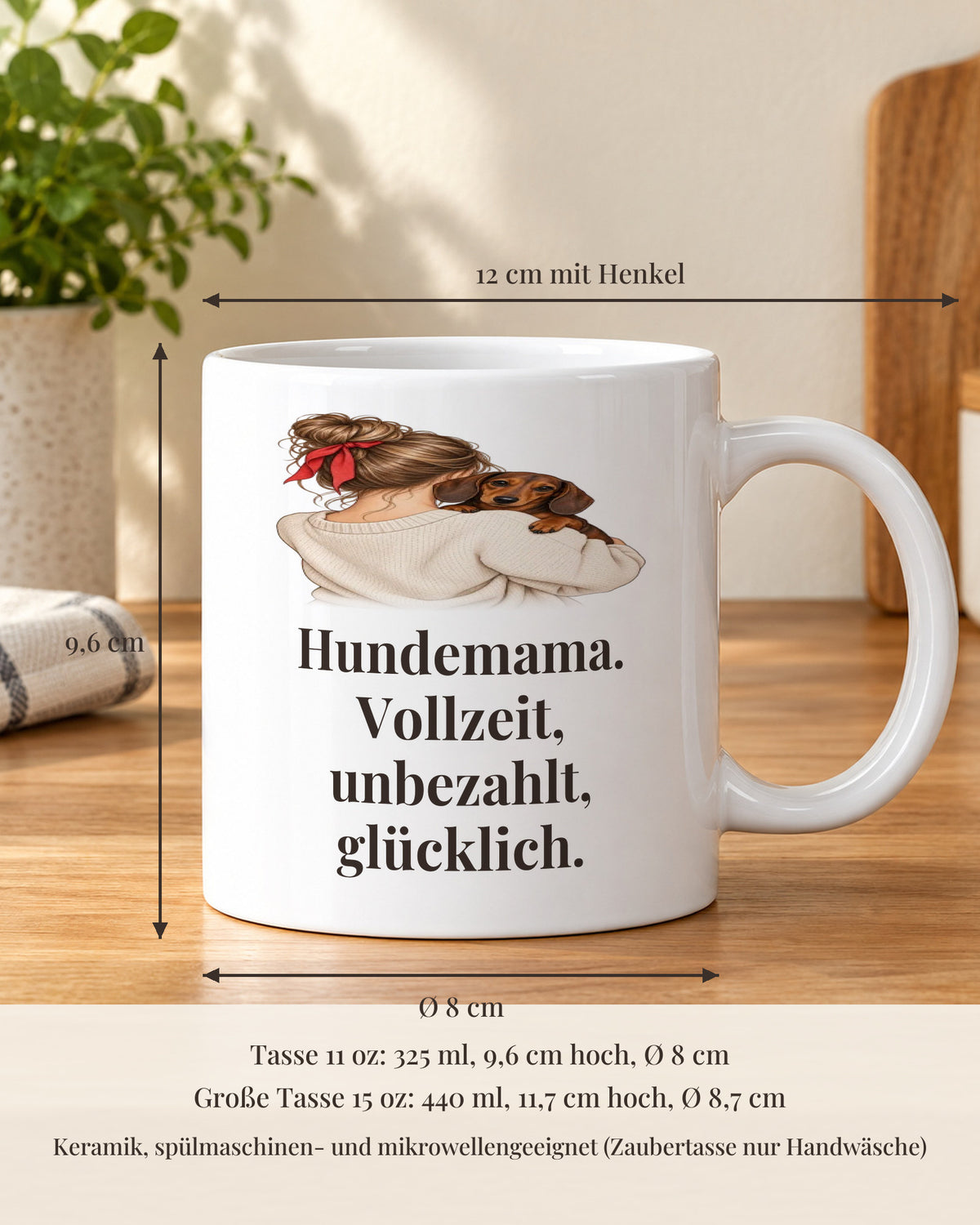Hundetasse 11 oz mit Maßen: 9,6 cm hoch, 8 cm Durchmesser