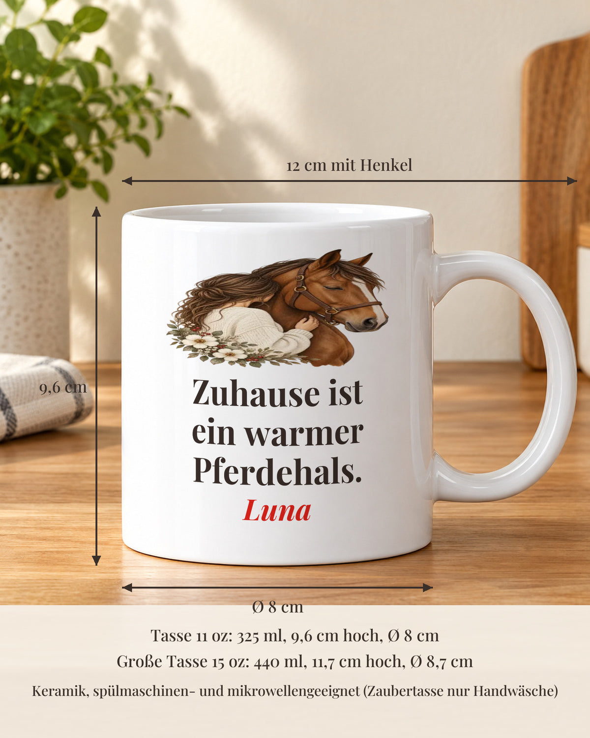 Pferdetasse 11 oz mit Maßen: 9,6 cm hoch, 8 cm Durchmesser