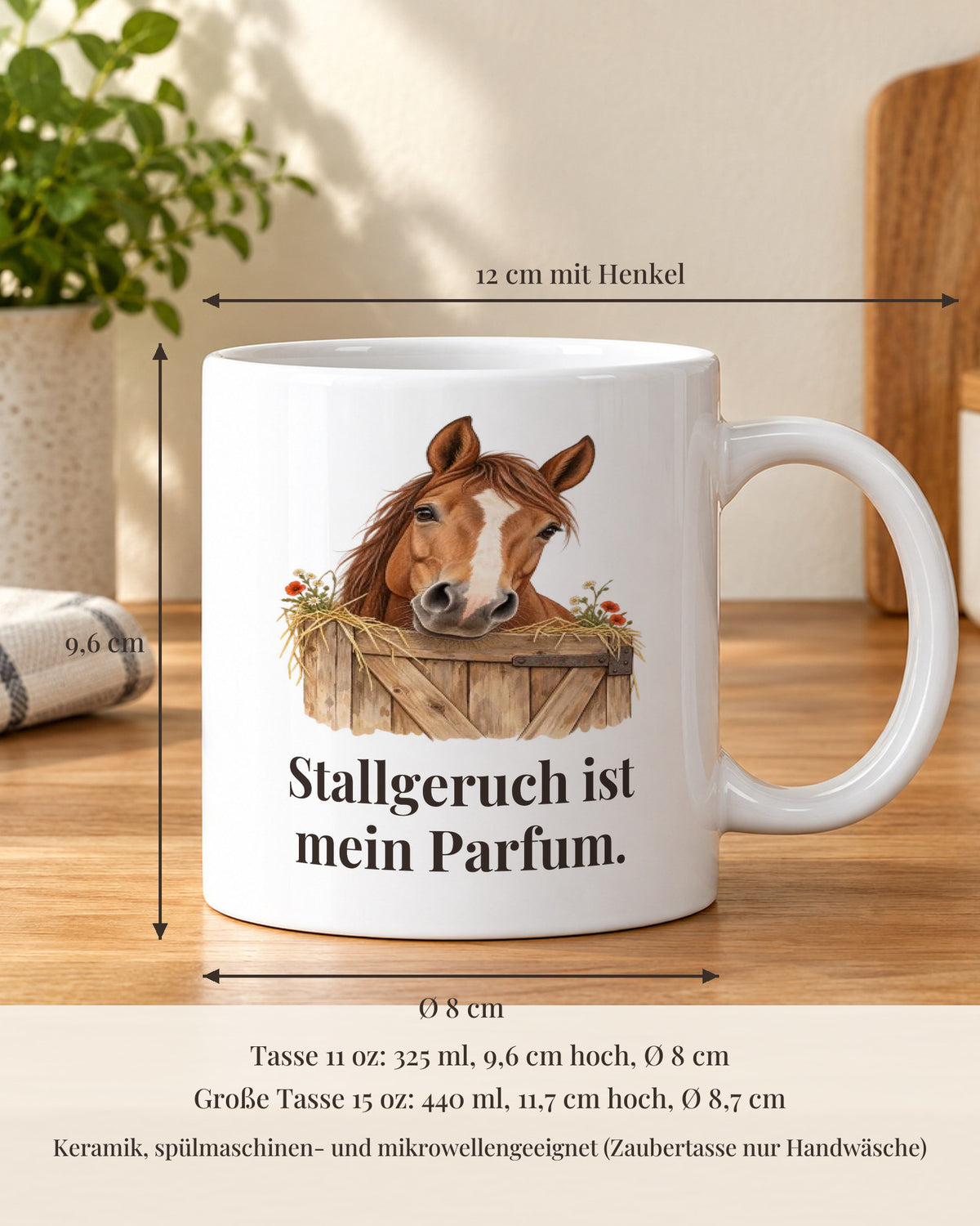 Pferdetasse 11 oz mit Maßen: 9,6 cm hoch, 8 cm Durchmesser