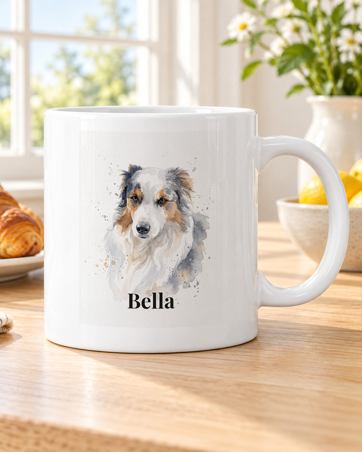 Hundetasse mit Foto im Aquarell-Stil mit Namen Bella am Frühstückstisch