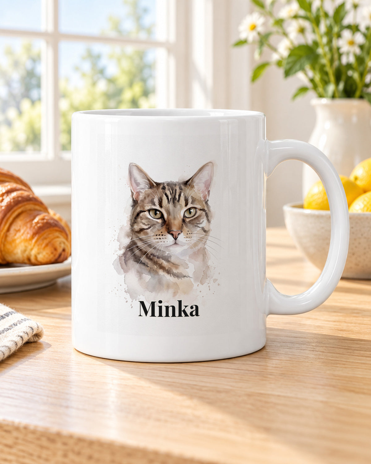 Katzentasse mit Foto im Aquarell-Stil mit Namen Minka am Frühstückstisch