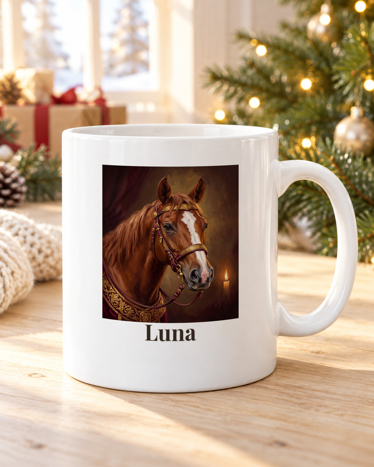 Pferdetasse mit Foto im Royal-Stil mit Namen Luna am Weihnachtsmorgen