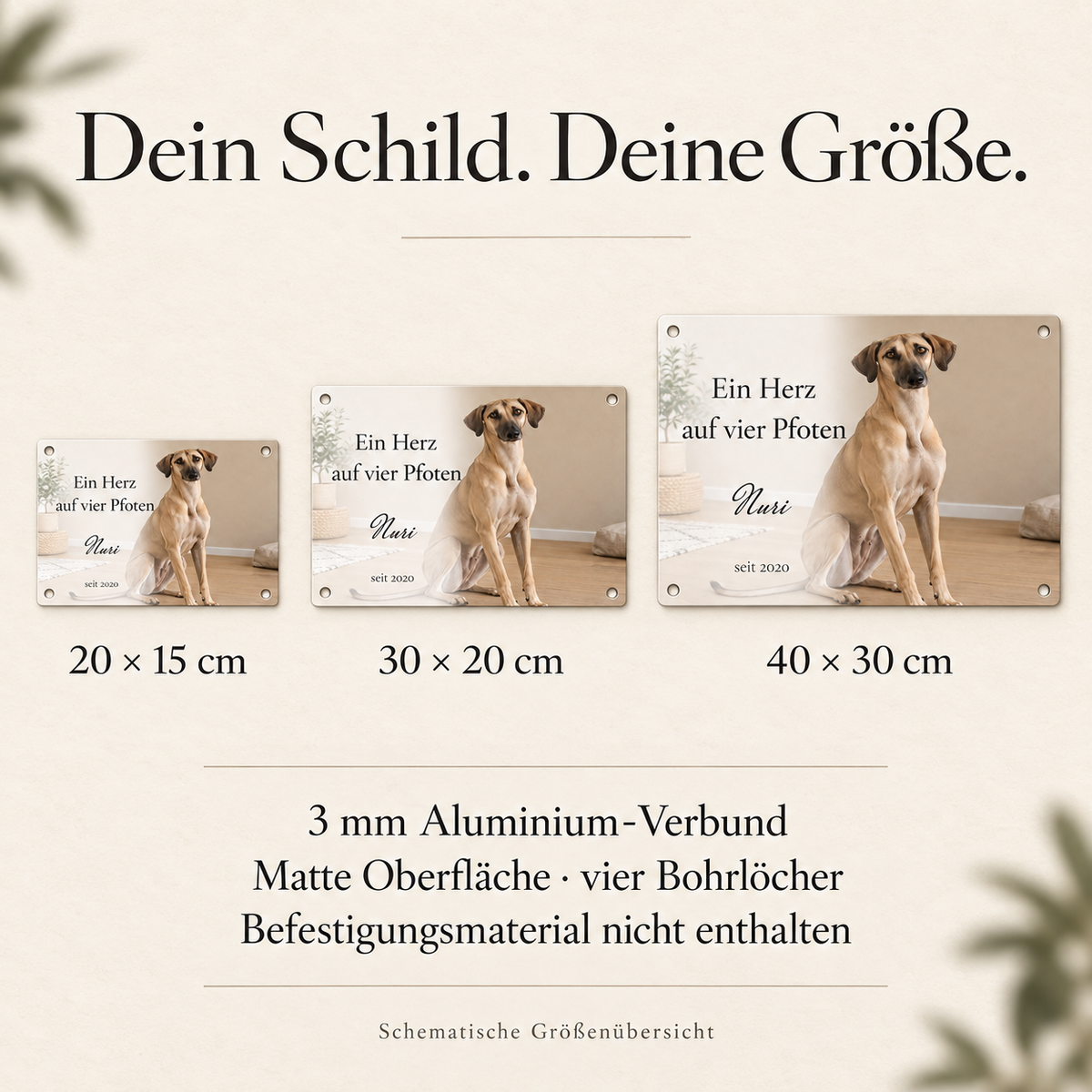 Schematische Größenübersicht des hellen Foto-Türschilds: 20×15,30×20 und40×30cm