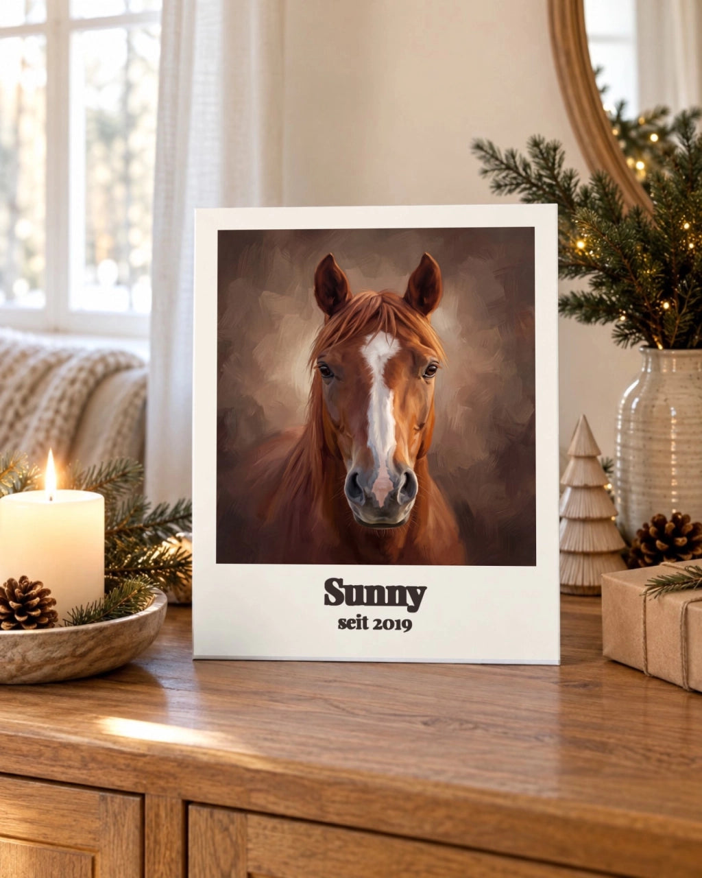 Pferdeportrait auf Holz im Weihnachtszimmer