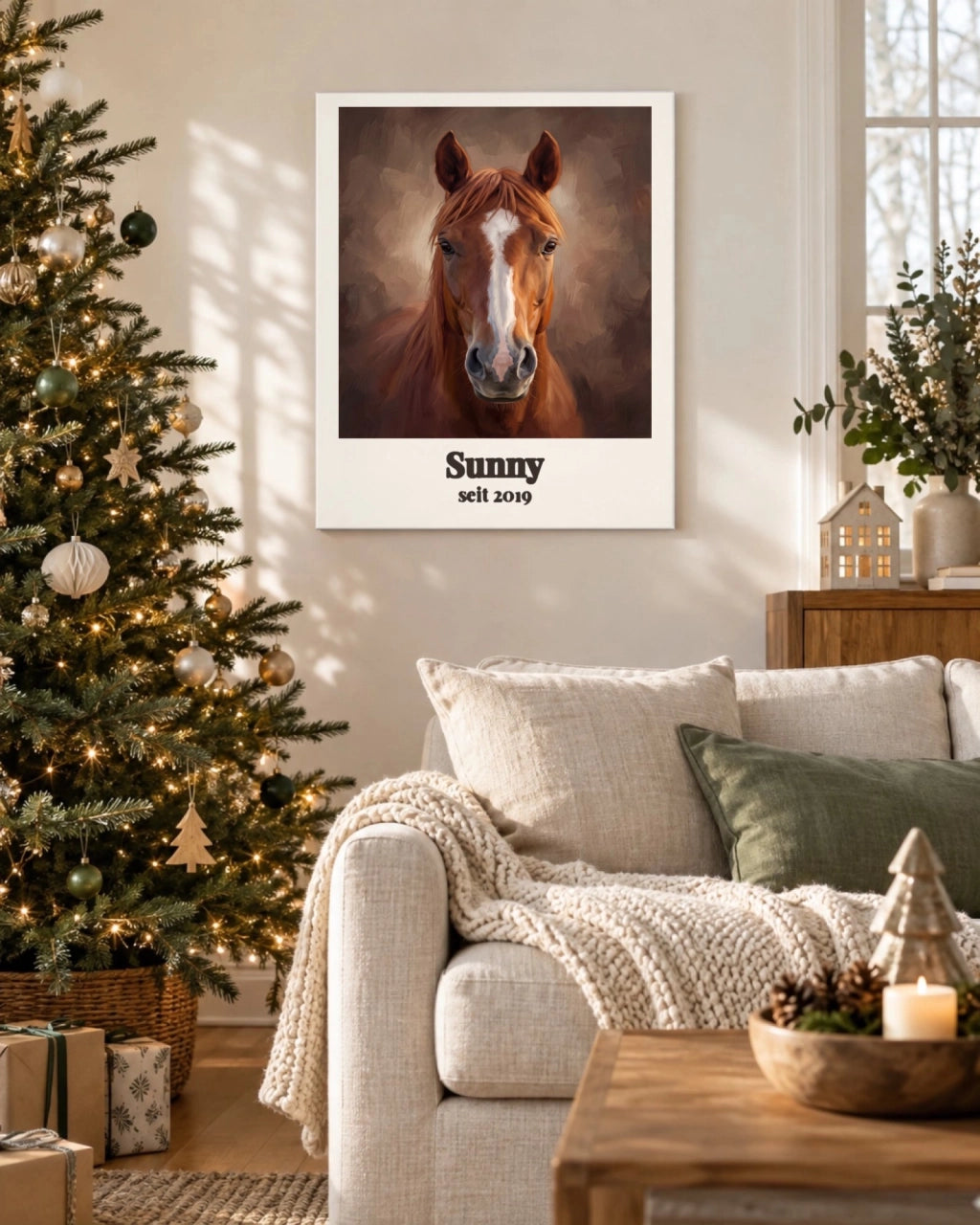 Pferdeportrait auf Leinwand im Weihnachtszimmer