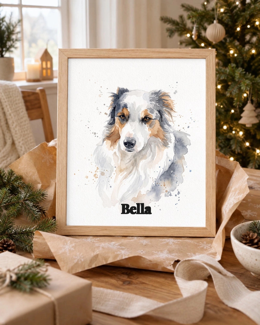 Hundeportrait als Poster im Holzrahmen im Weihnachtszimmer