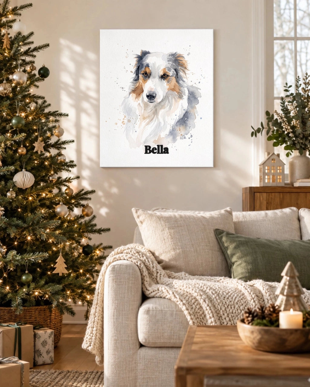 Hundeportrait auf Leinwand im Weihnachtszimmer