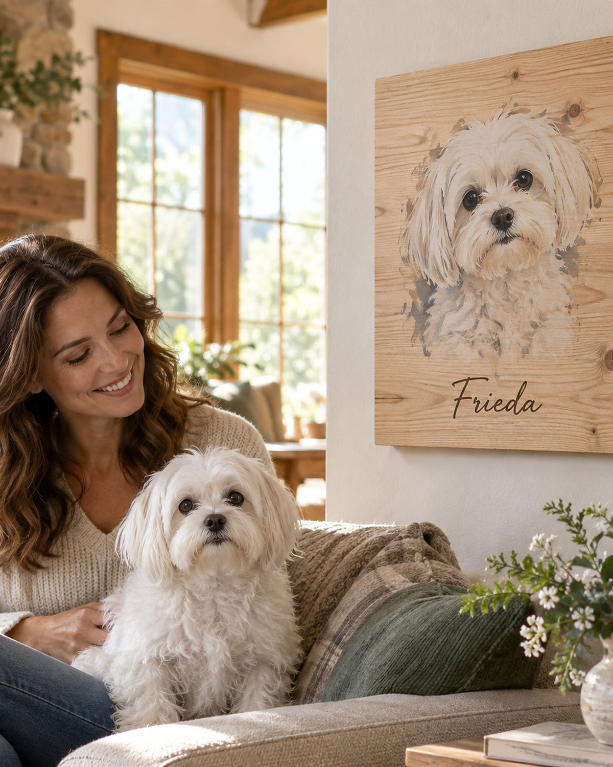 Frau mit weißem Hund vor dem Hundeportrait auf Holz
