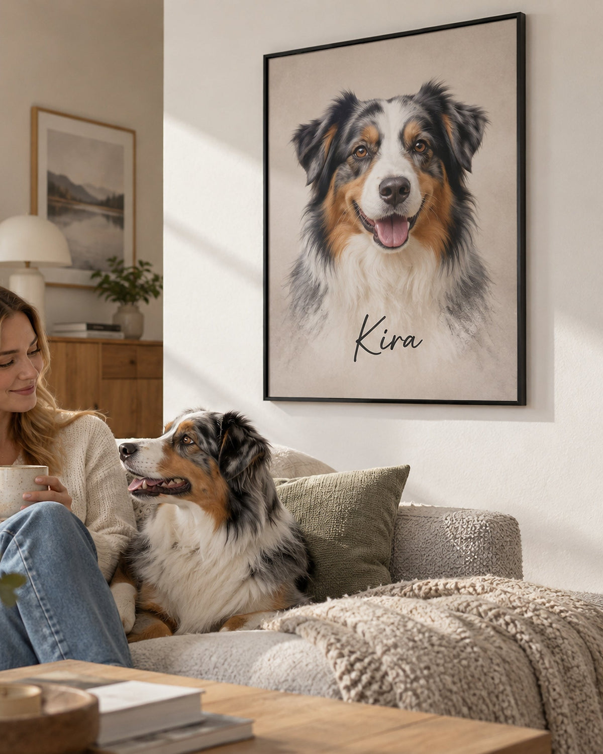 Frau mit Hund auf dem Sofa vor dem Hundeportrait im Metallrahmen