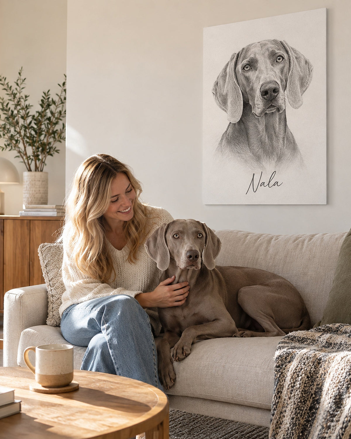Frau mit Hund auf dem Sofa vor dem Hundeportrait auf Hartschaumplatte