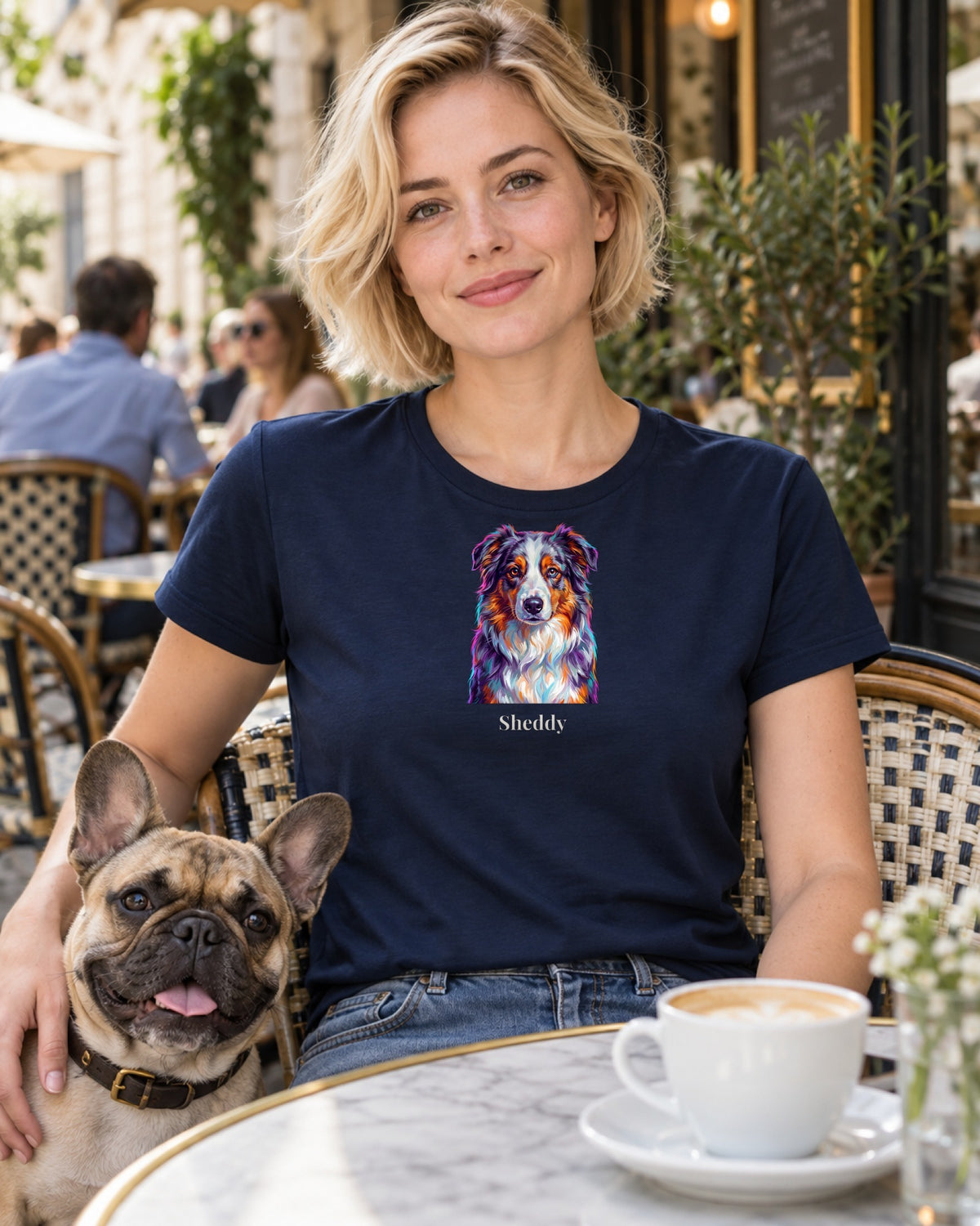 Frau im dunkelblauen T-Shirt mit Hundeportrait im Pop-Art-Stil und Namen Sheddy, im Café neben einer Französischen Bulldogge