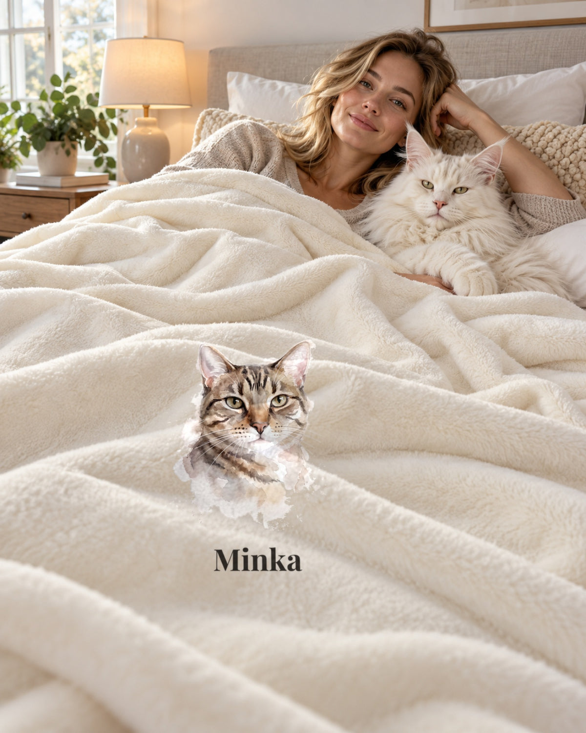 Sherpa-Decke mit Katzenportrait und Namen, Frau mit Maine Coon im Bett