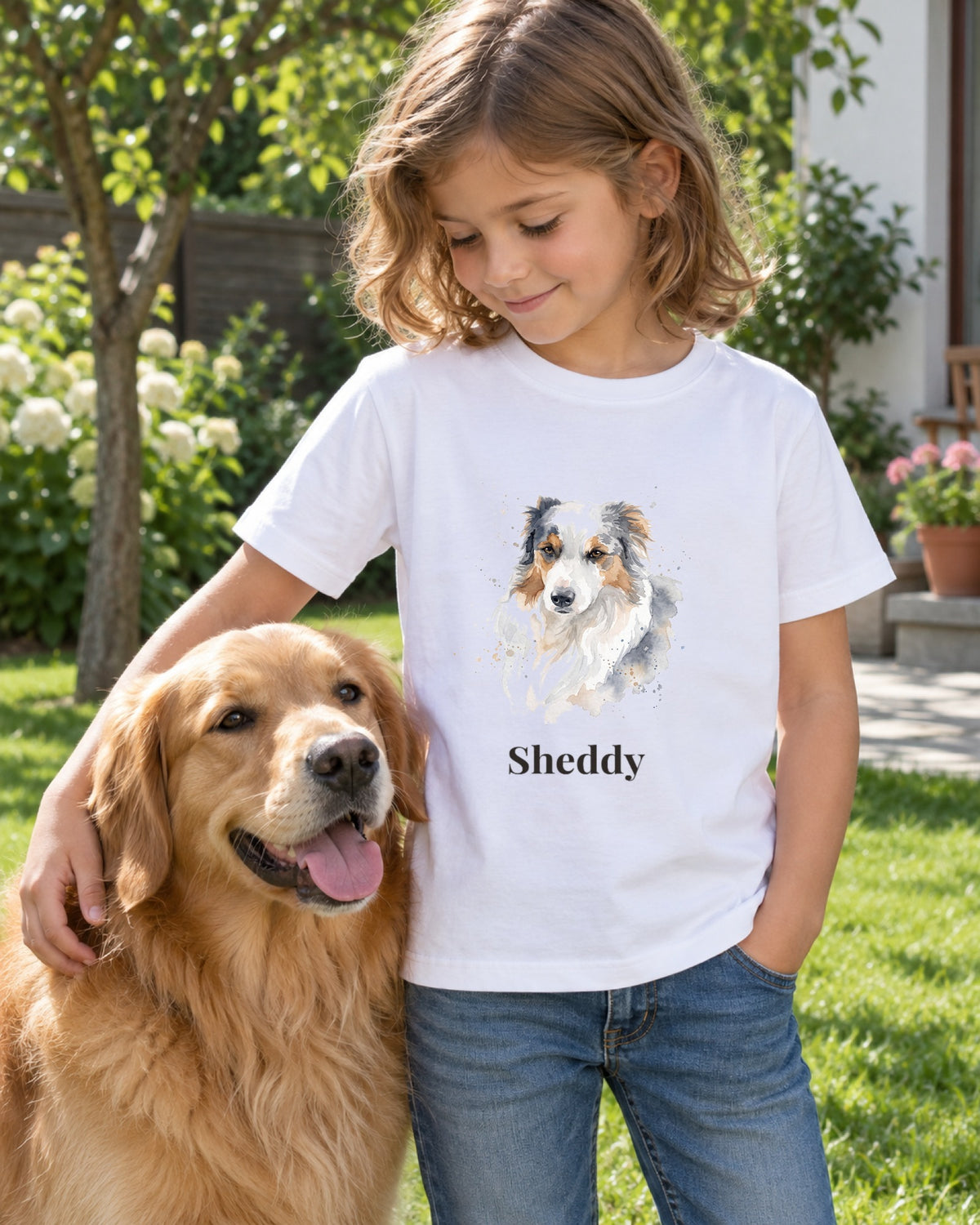 Weißes Kinder-T-Shirt mit Hundeportrait im Stil Aquarell und dem Namen Sheddy, ein Kind steht mit einem Hund im Garten