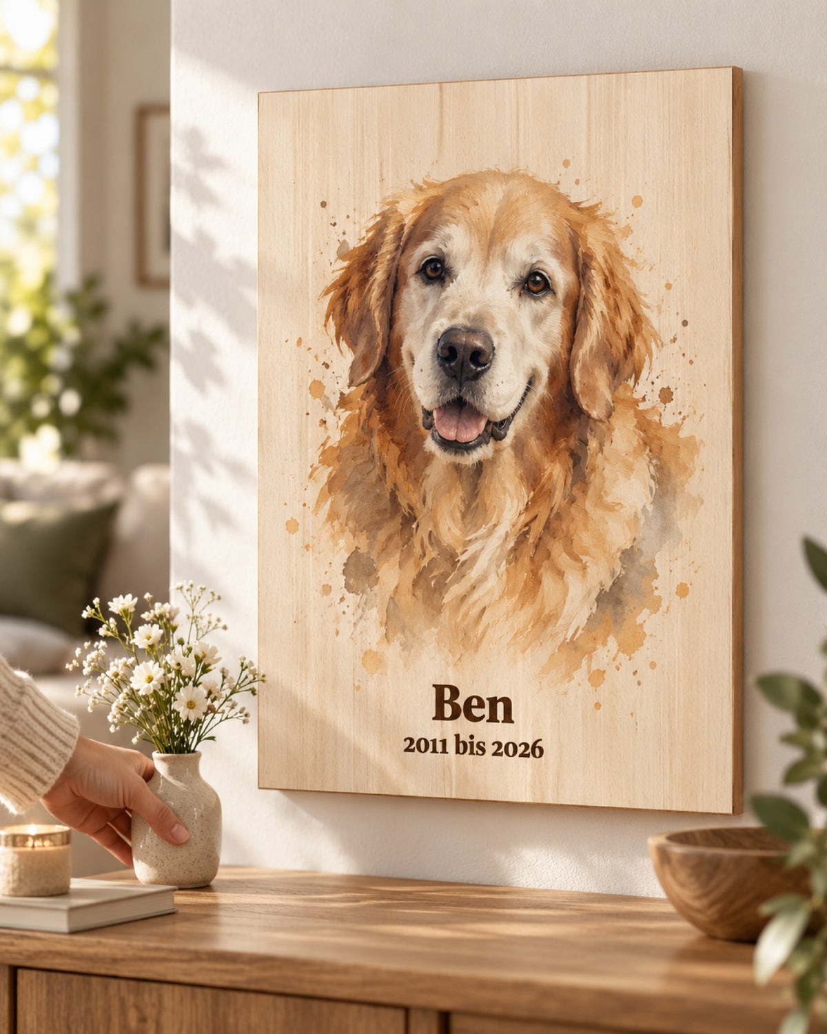 Gedenkbild auf Holz mit Golden Retriever im Aquarellstil, Namen und Lebensjahren