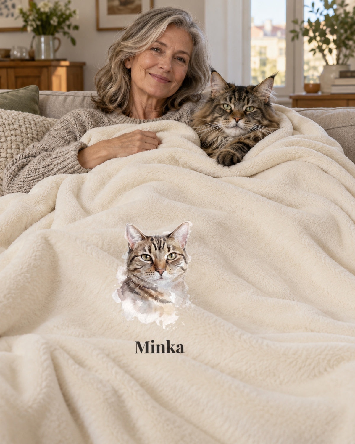 Sherpa-Decke mit Katzenportrait und Namen, ältere Frau mit Maine Coon auf dem Sofa
