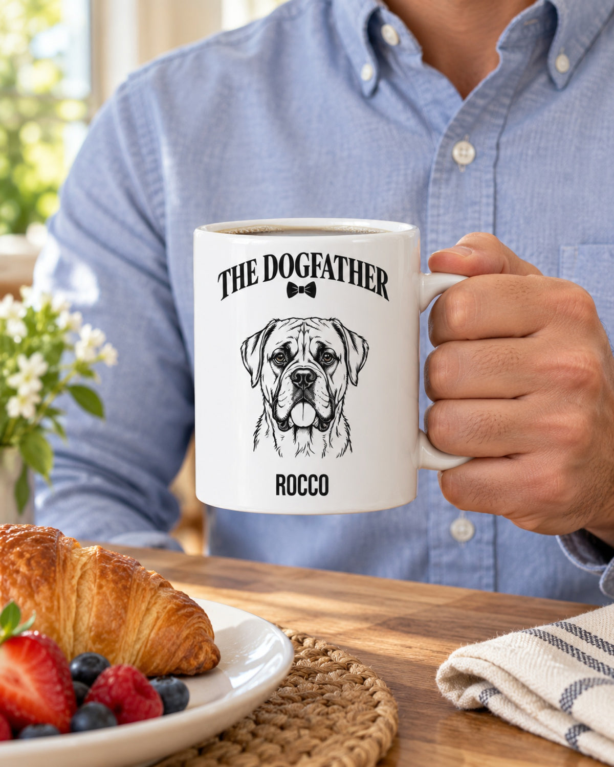Tasse The Dogfather mit Boxer als Linienzeichnung beim Frühstück