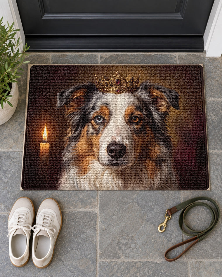 Fußmatte mit Royal-Hundeportrait von oben, daneben Schuhe und Leine