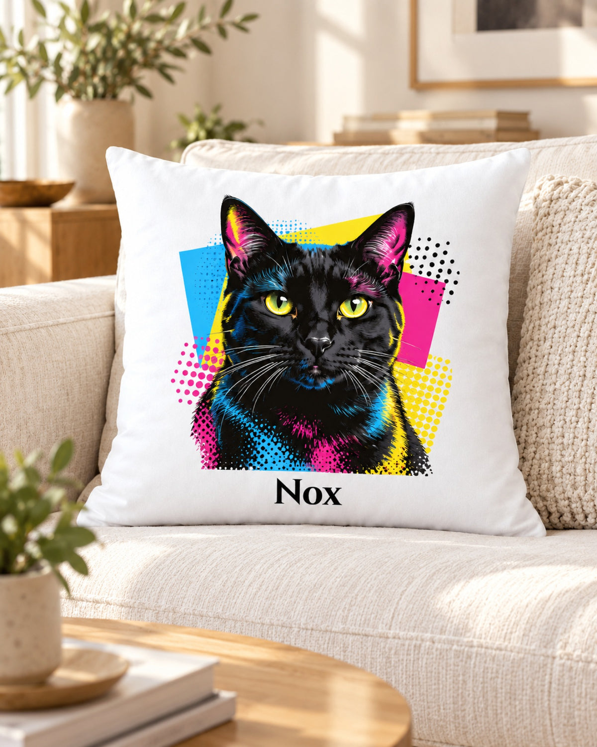 Kissenbezug mit schwarzer Katze im Pop-Art-Stil und Namen Nox, das Kissen liegt auf einem hellen Sofa im Wohnzimmer