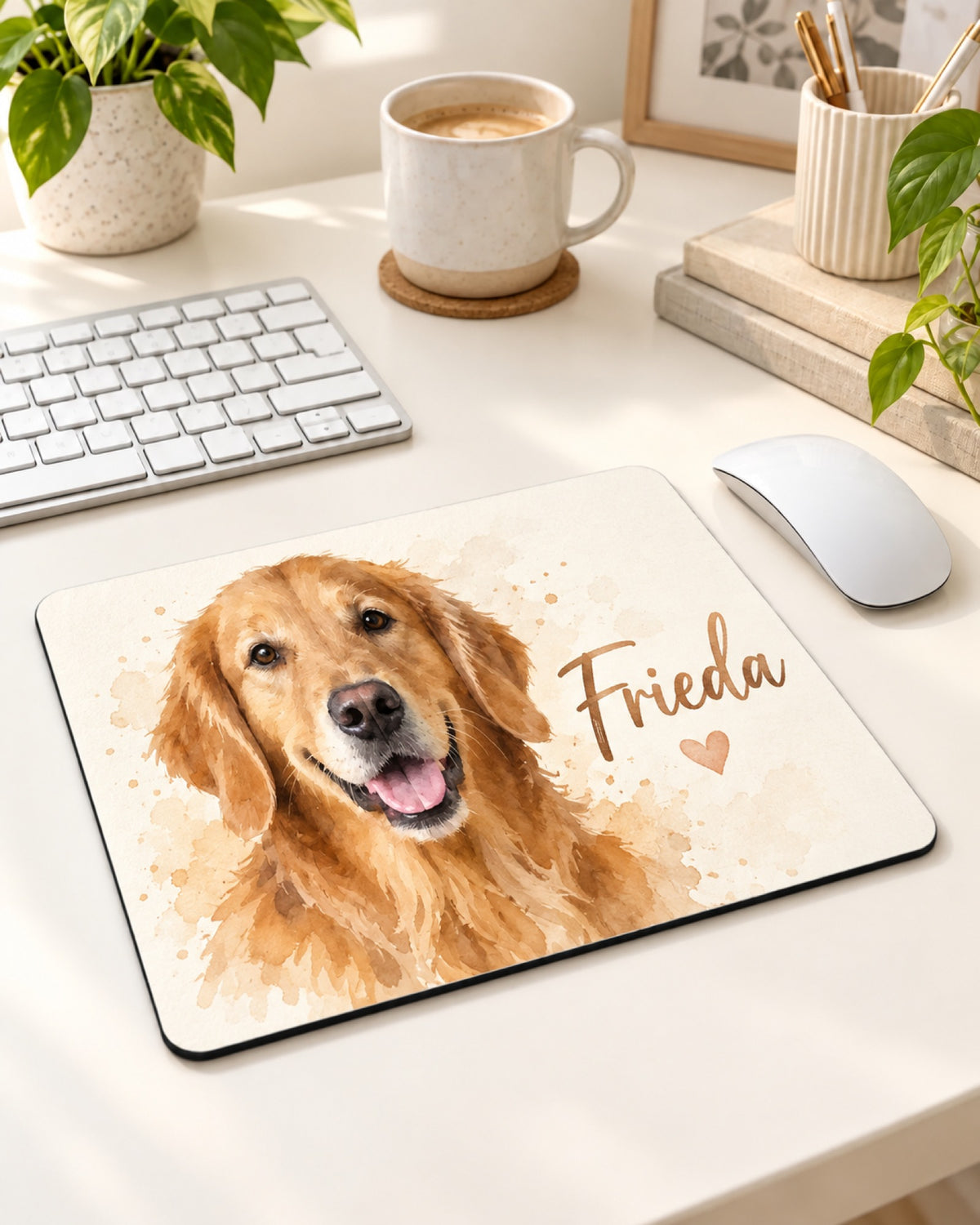 Mauspad mit Golden Retriever im Aquarell-Stil und Namen Frieda auf dem hellen Schreibtisch neben Tastatur und Maus