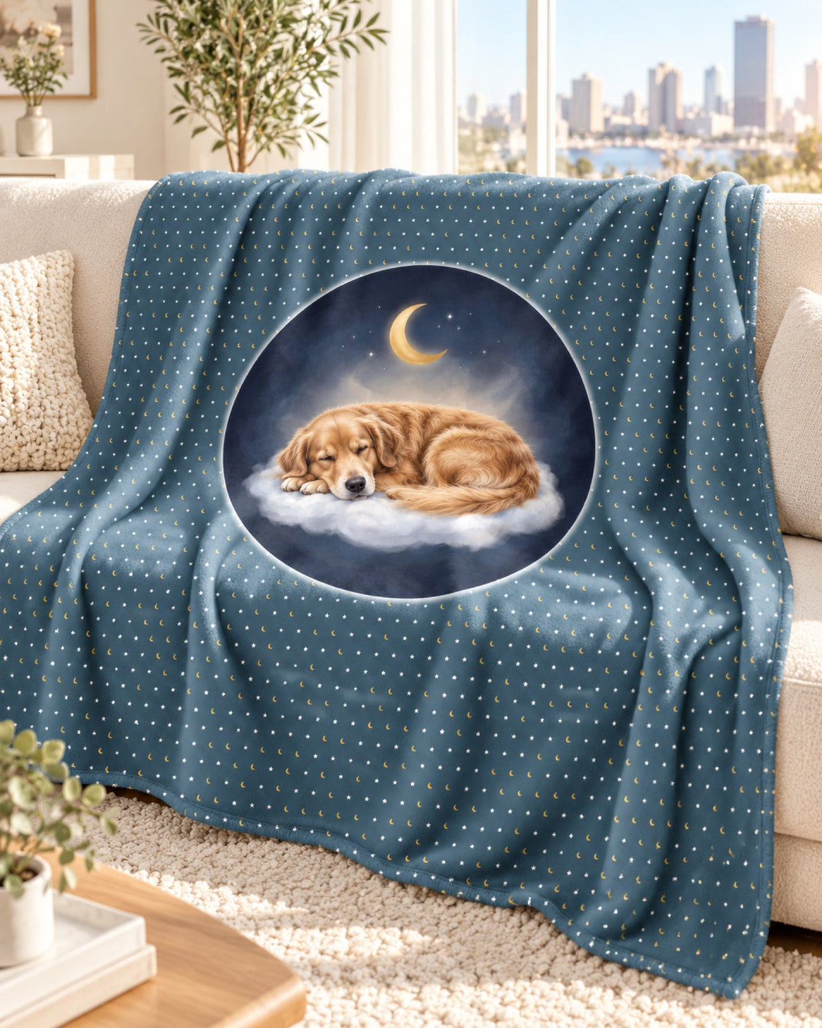 Kuscheldecke Schlummertraum mit Golden Retriever auf der Wolke, über das helle Sofa gelegt