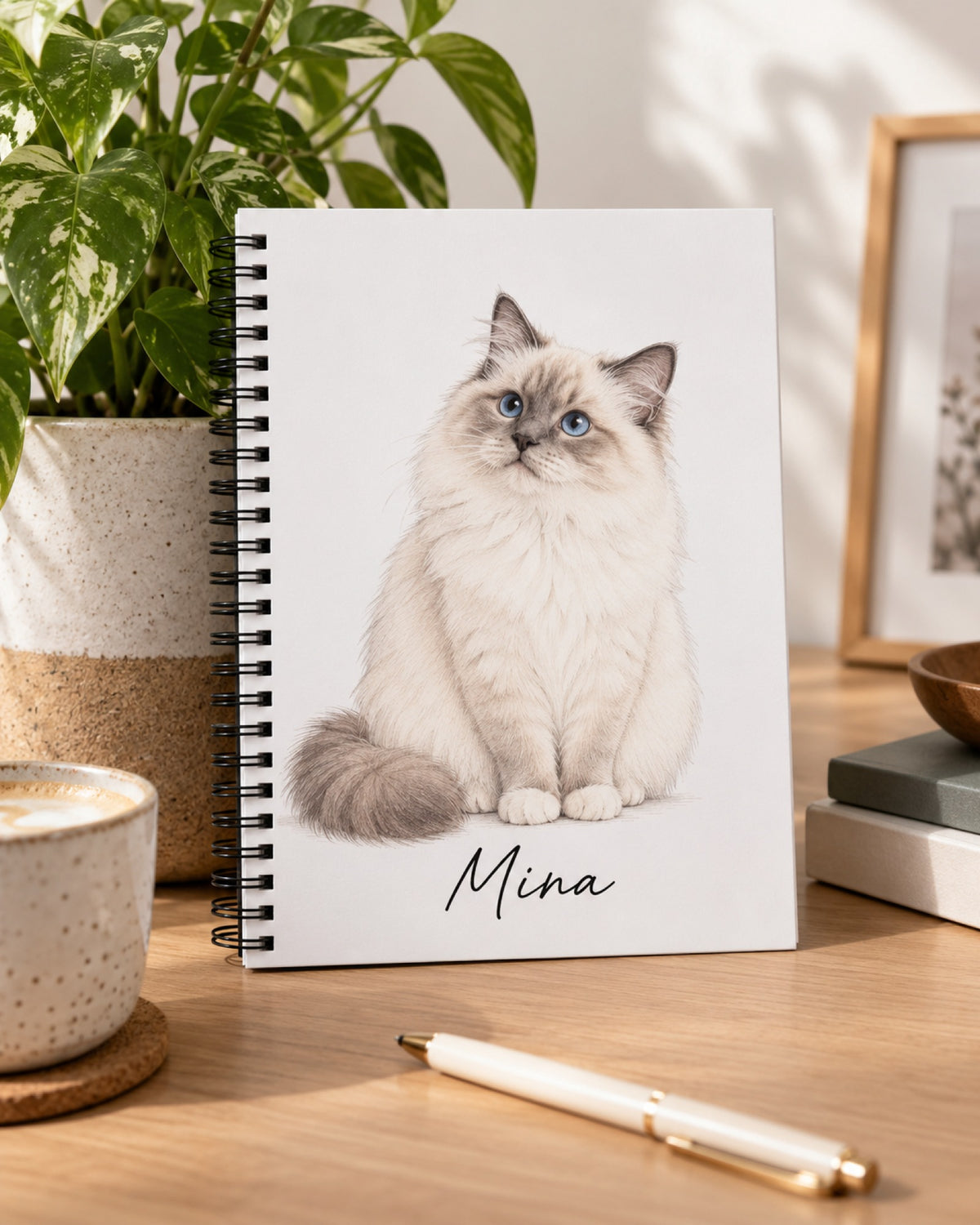 Notizbuch mit Ragdoll-Katze als Zeichnung und Namen Mina