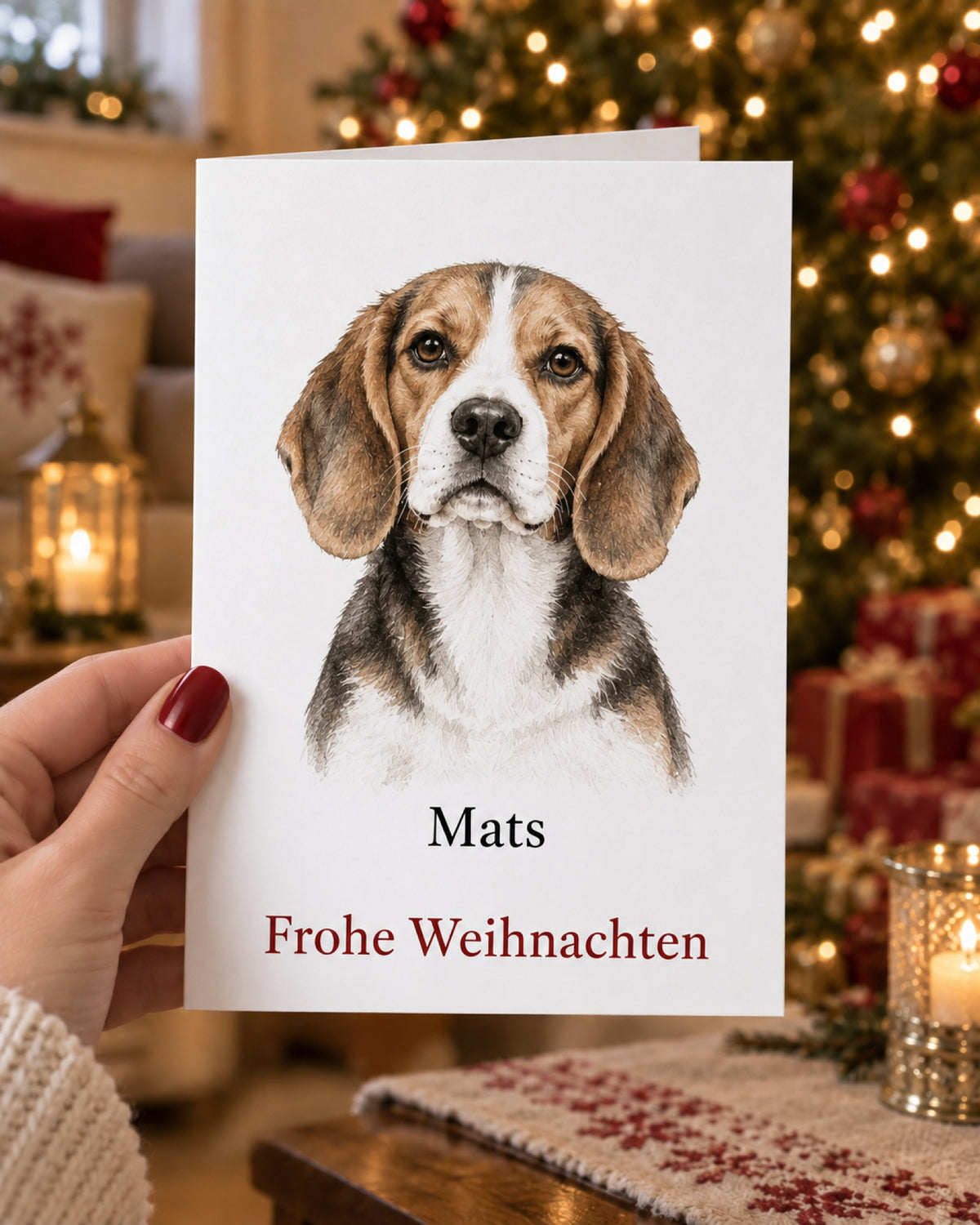 Weihnachtskarte mit Beagle und Namen Mats in der Hand vor dem Weihnachtsbaum