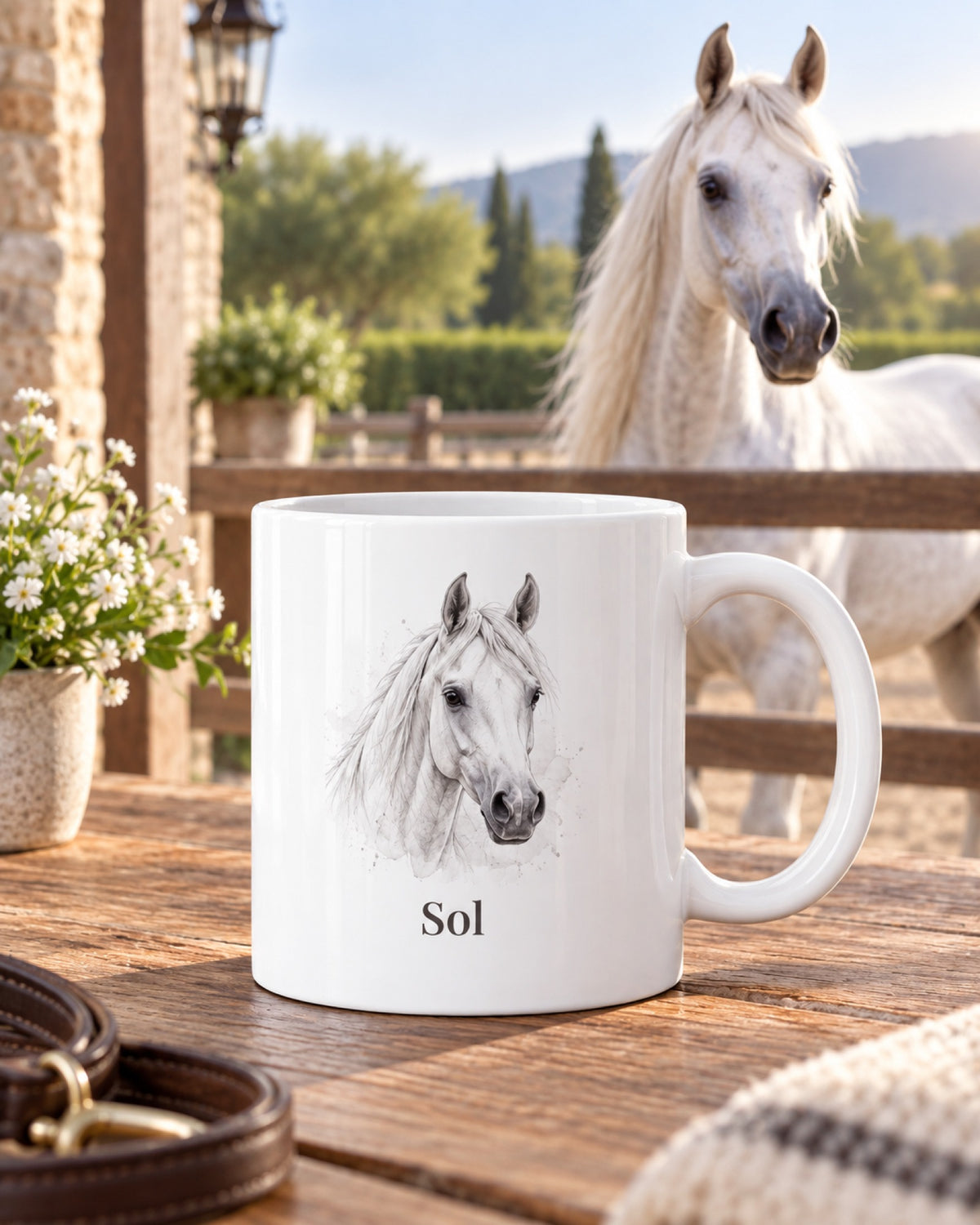 Pferdetasse mit Schimmel im Sketch-Stil und Namen Sol vor der Koppel