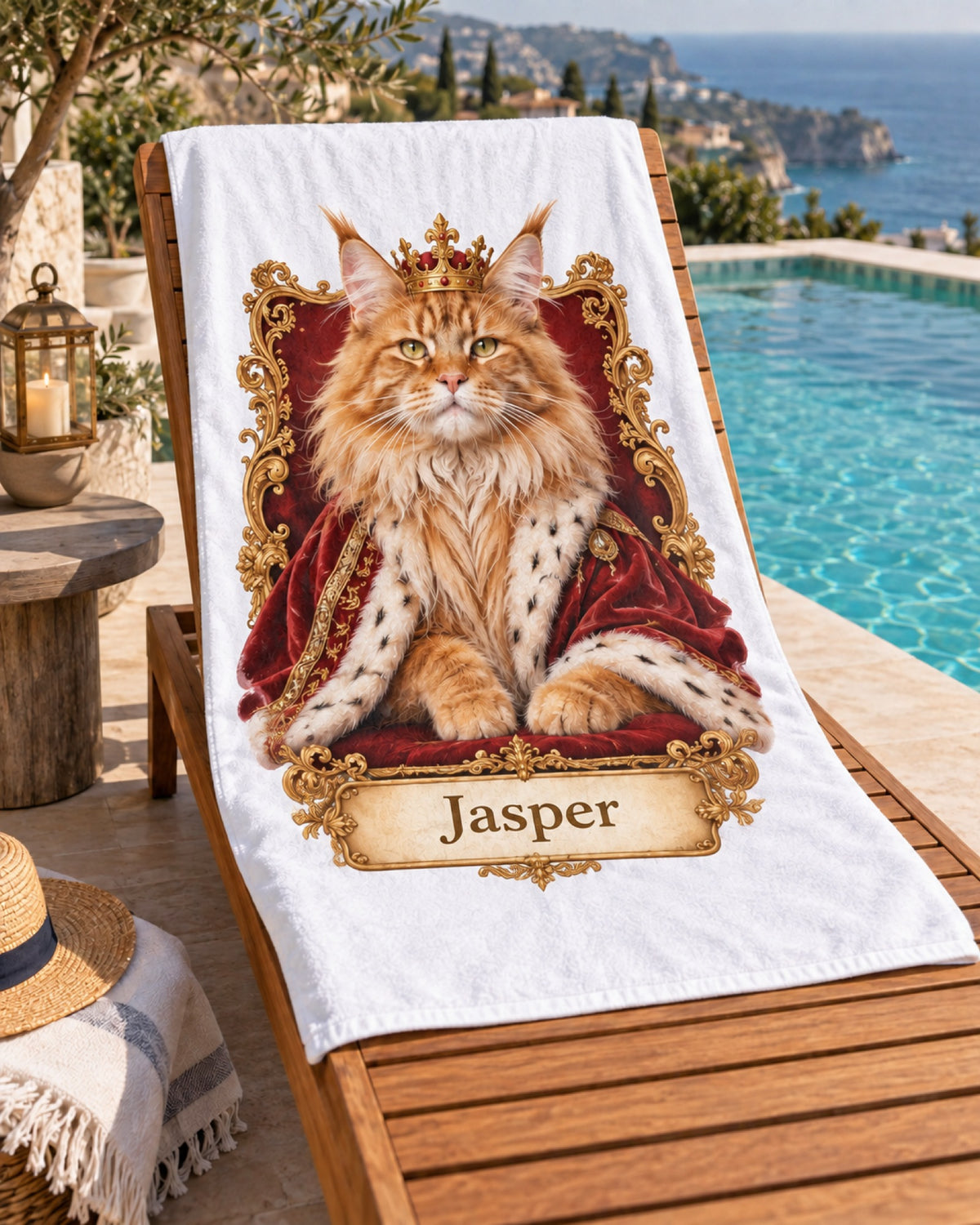Badetuch mit Maine Coon im Royal-Stil und Namen Jasper auf der Liege am Pool