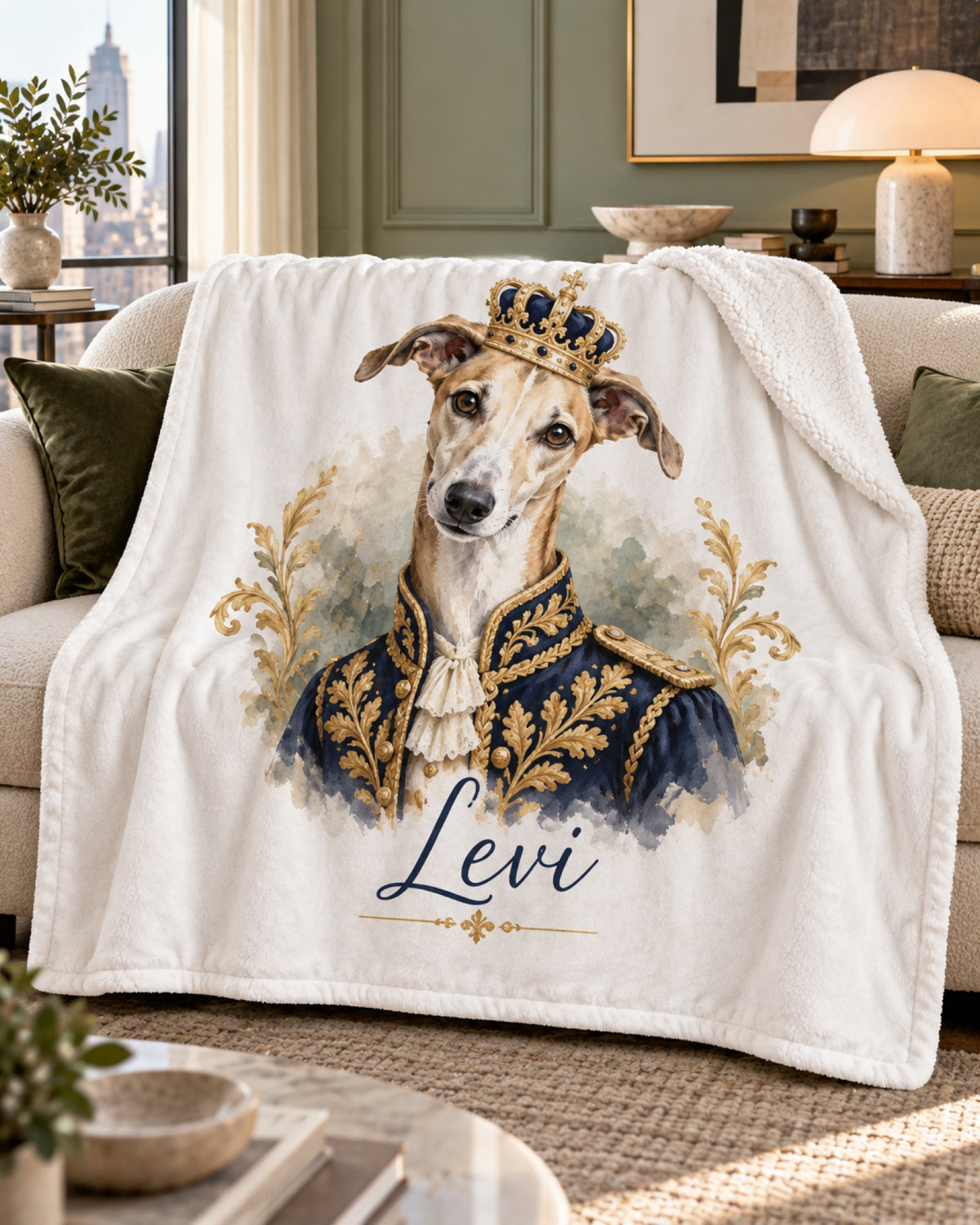 Sherpa-Decke mit Windhund im Royal-Stil und Namen Levi auf dem Sofa