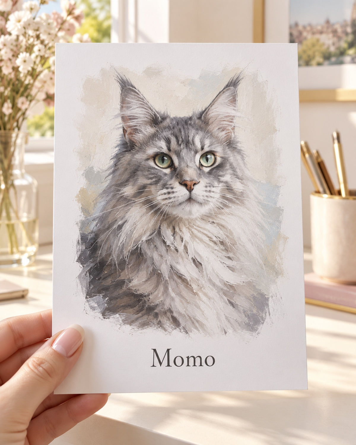 Postkarte mit Maine Coon im Ölgemälde-Stil und Namen Momo in der Hand