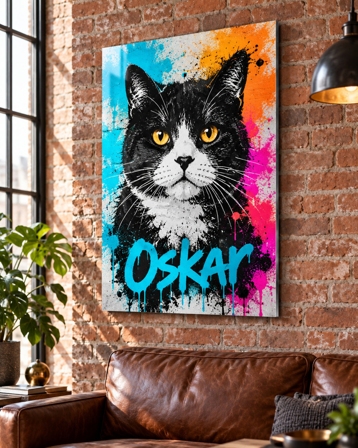 Katzenportrait auf Aluminium, schwarz weiße Katze im Street-Art-Stil mit Namen Oskar an der Ziegelwand im Loft