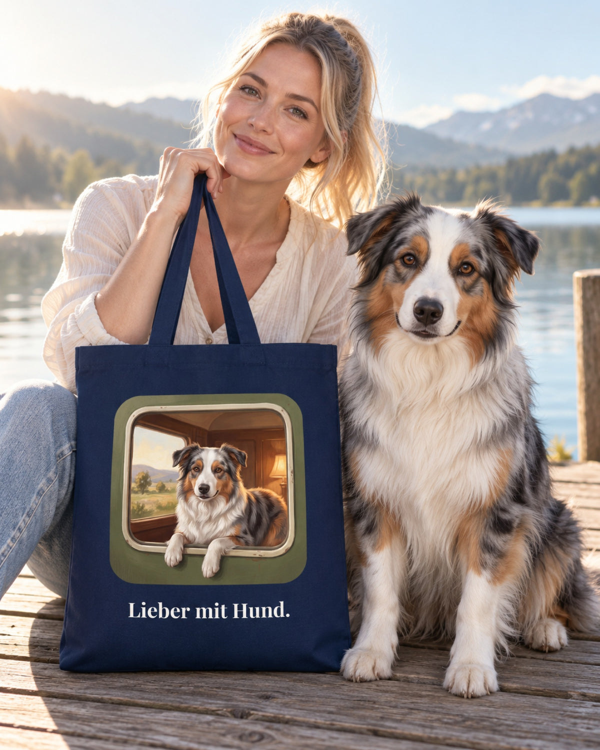 Marineblaue Stofftasche Lieber mit Hund mit Australian Shepherd im Zugfenster, Frau mit ihrem Hund am See