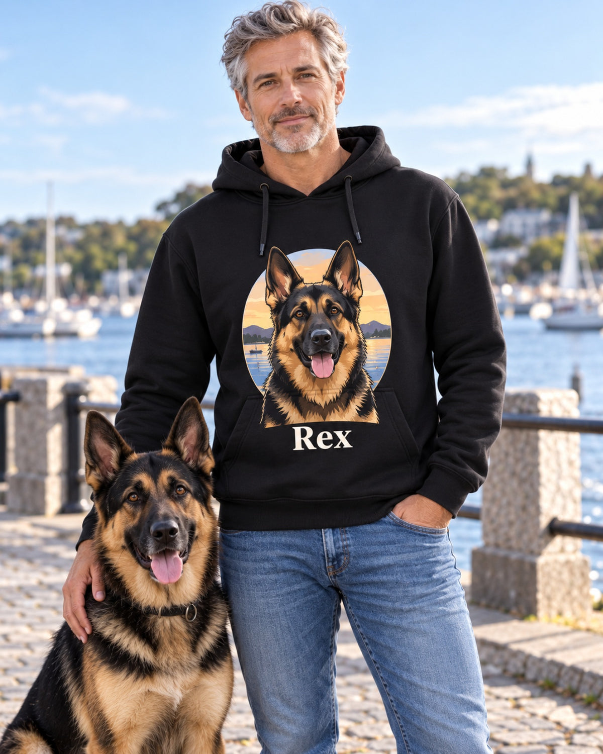 Schwarzer Hoodie mit Deutschem Schäferhund im Cartoon-Stil und Namen Rex, der Mann steht mit seinem Hund am Hafen