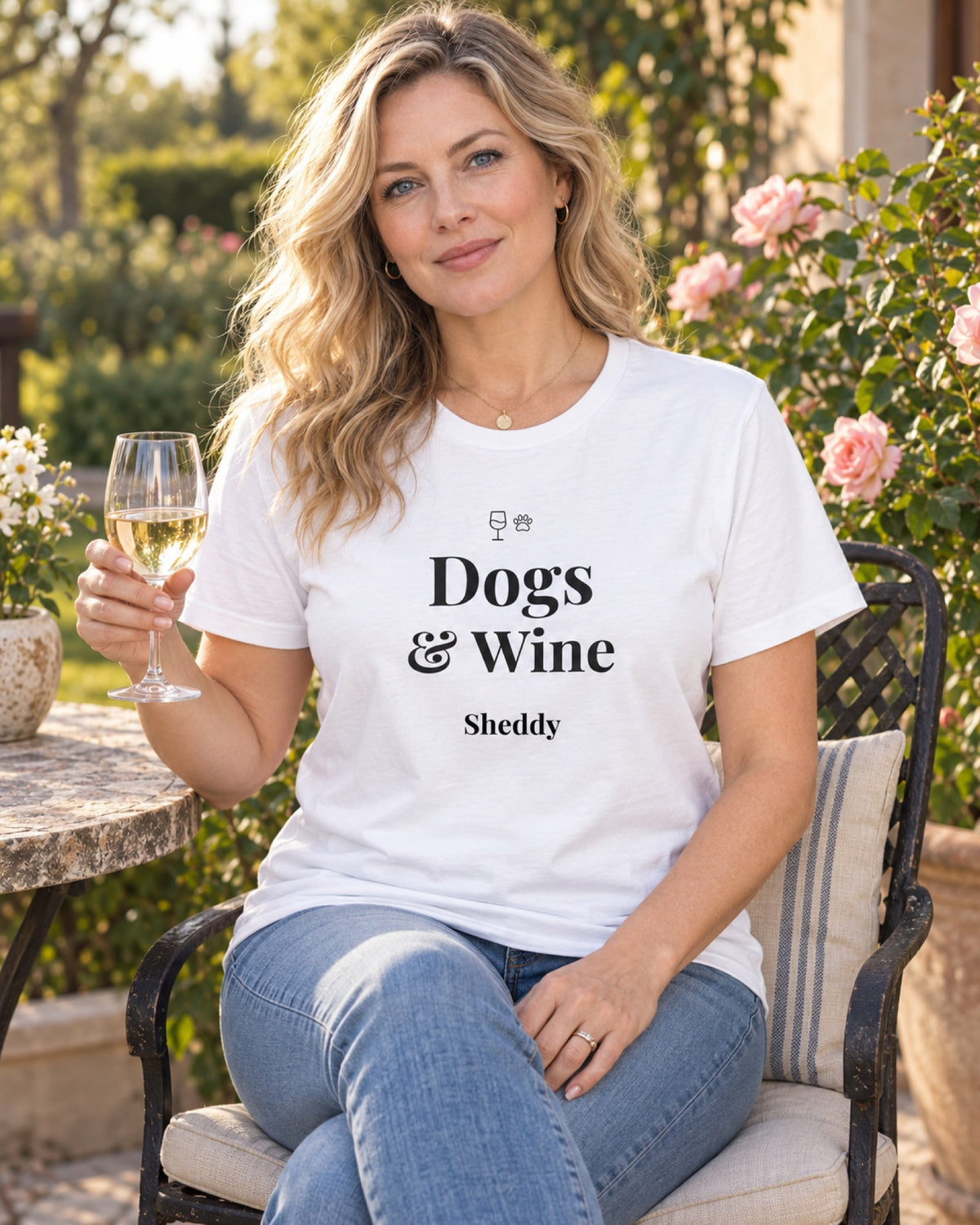 Frau im weißen T-Shirt „Dogs & Wine“ mit Hundenamen im Garten