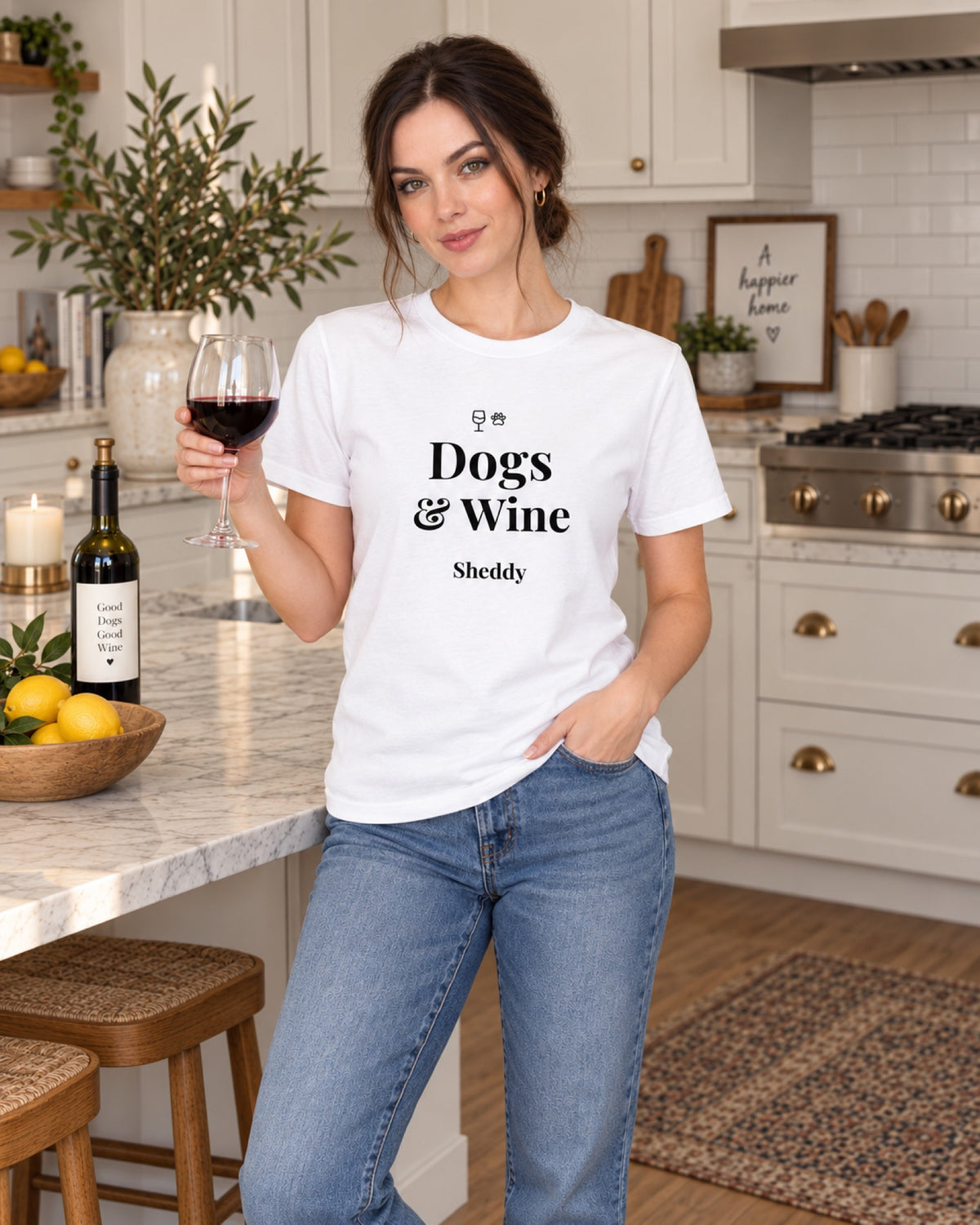 Frau im weißen T-Shirt „Dogs & Wine“ mit Hundenamen und Weinglas in der Küche